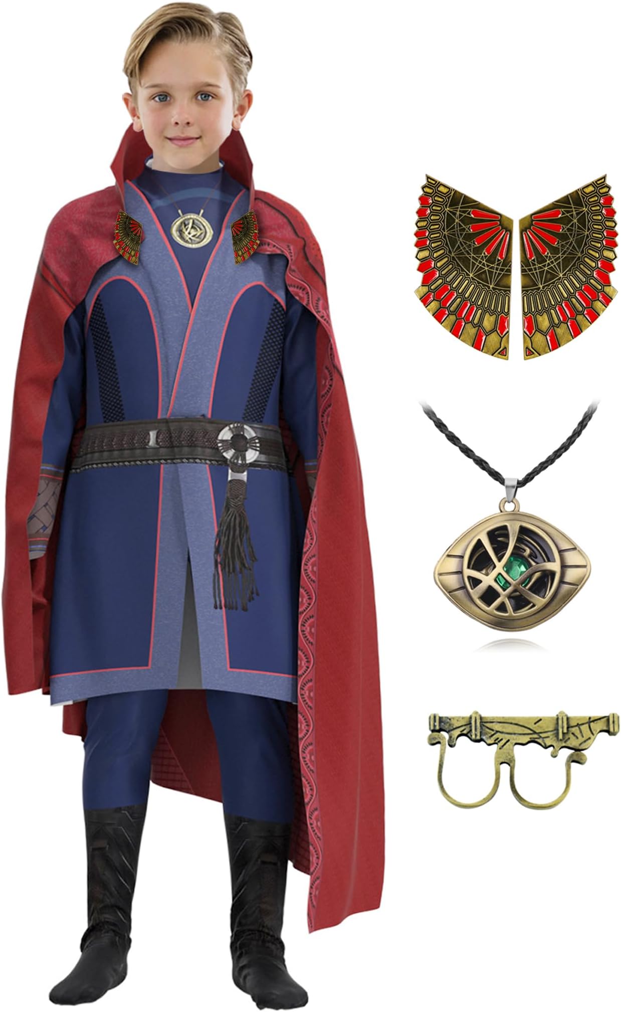 CICOCI Kids Strange Costume Cosplay Dr Cape Jumpsuit Ring Props with Magic Power Necklace(size 160)