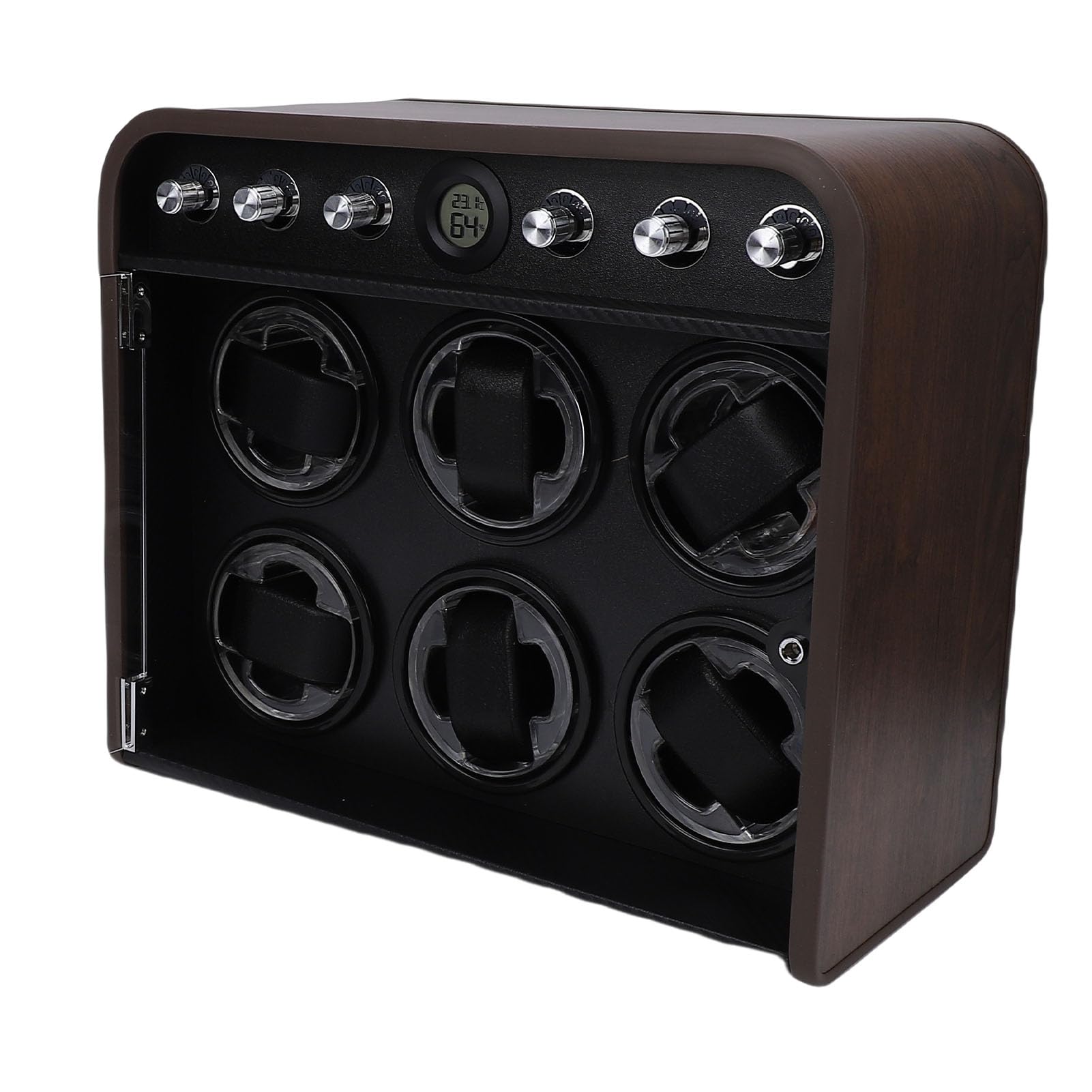 Sxhlseller Leiser Uhrenbeweger für 6 Uhren, 10 DB Leiser Automatischer Uhrenaufzug mit LED-Ambientelicht, 5 Einstellbare Modi, Uhrendreher aus Holzfaserplatte mit Holzmaserung für Mechanische Uhren