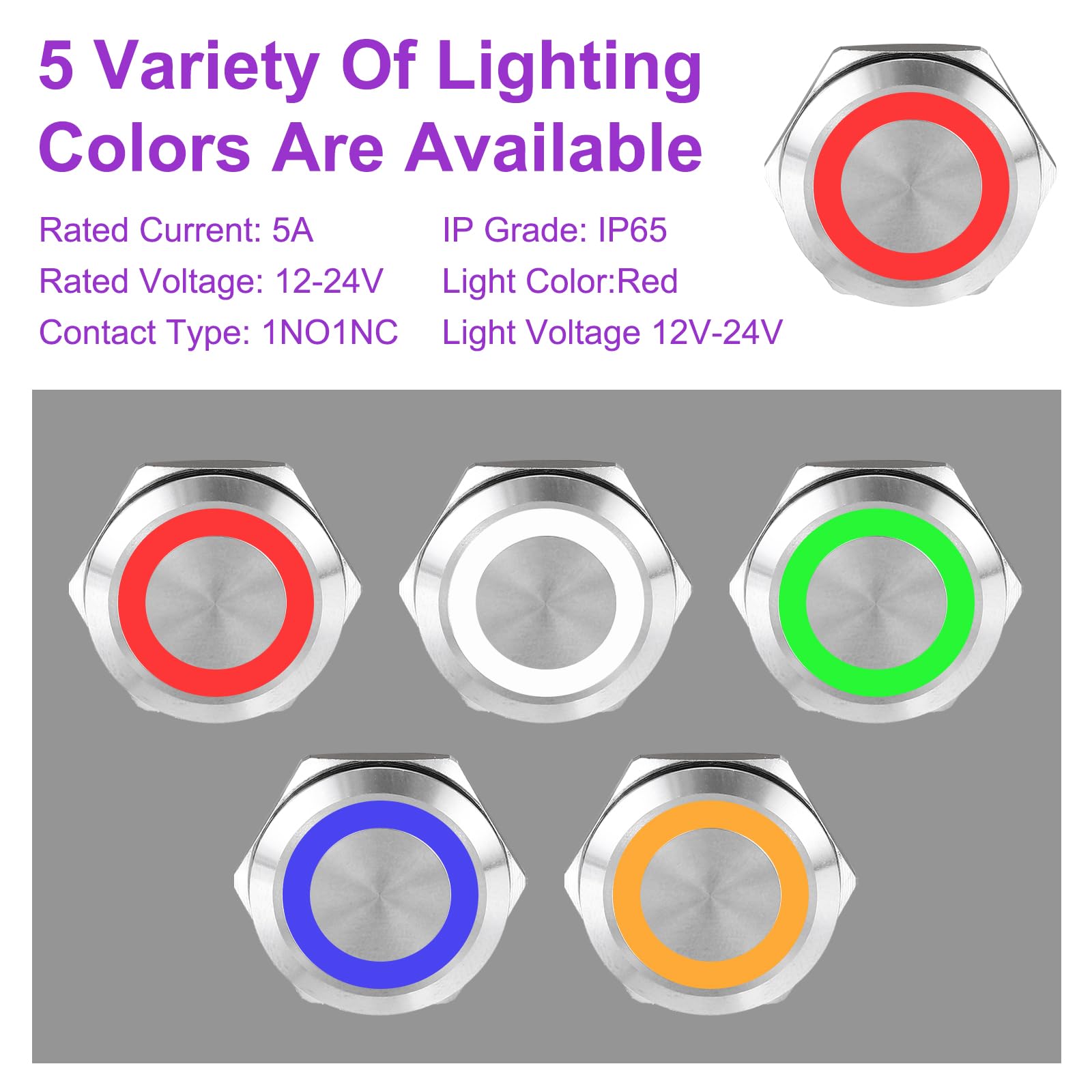 DMiotech 2 Pack 7/8 Inch Stainless Steel Latching Push Button Switch Domed Head 5A 12-24V Silver Shell 6 Pin with Cable Socket Red Ring LED 1NO1NC for Car Boat Systems Custom Setups - Image 3