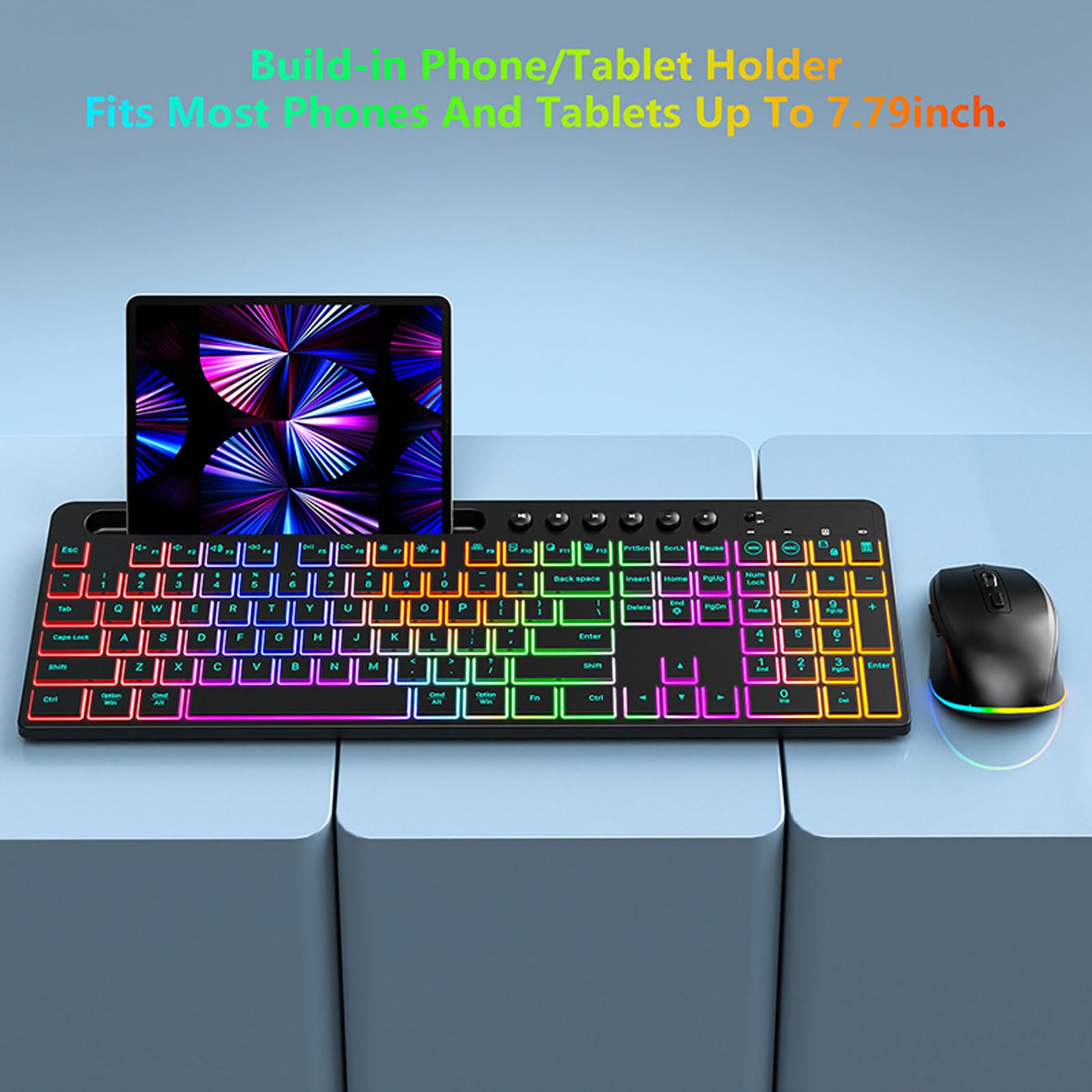 Tosuny Clavier et Combo de Souris sans Fil, 2,4 G de Touches RVB 115 avec pavé Numérique, Support de Tablette de Téléphone, Rechargeable, 6 Touches 3 - Souris DPI pour PC/Tablette