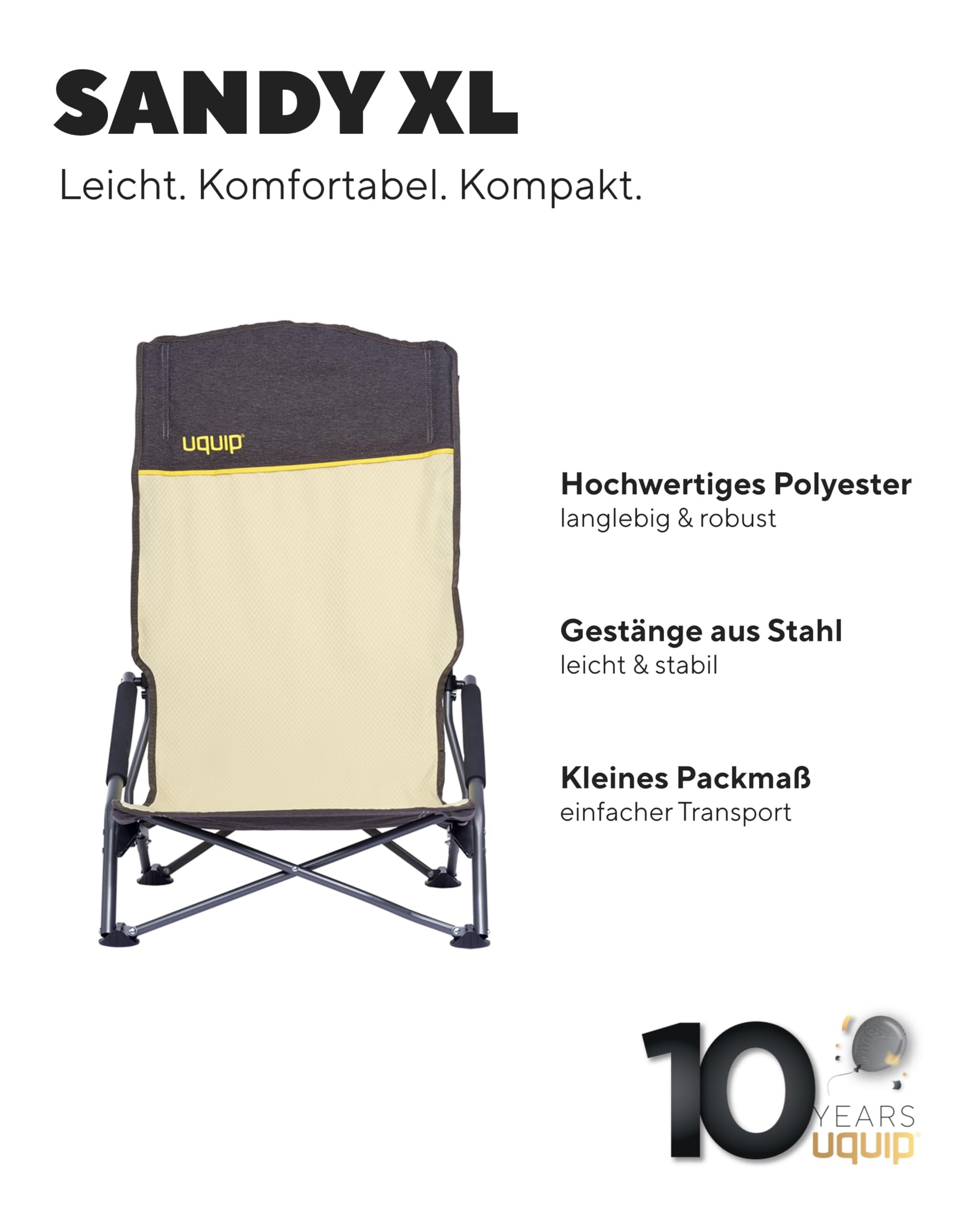 Uquip Campingstuhl Sandy XL boulder I faltbarer Strandstuhl mit 120 kg Traglast I kompakter Faltstuhl aus Stahl & Polyester I klappbarer Outdoor-Stuhl für Camping, Strand, Angeln, Garten & Festivals