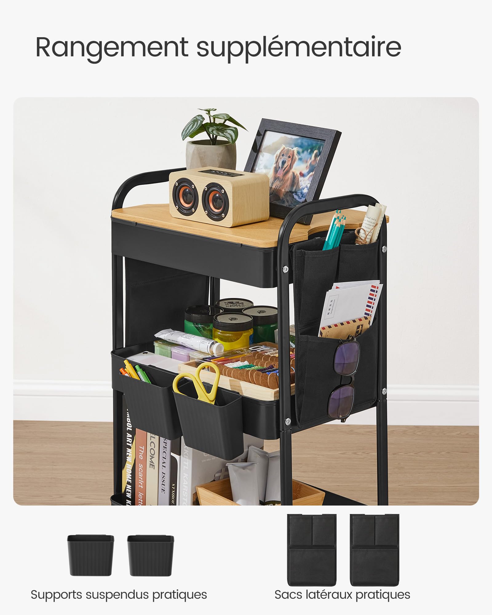 SONGMICS Chariot de Rangement à 3 Niveaux, Chariot Roulant avec Table Supérieure, 2 Pots Amovibles, 6 Poches Latérales, pour Salon, Bureau, Cuisine, Noir d’Encre LRC036B01