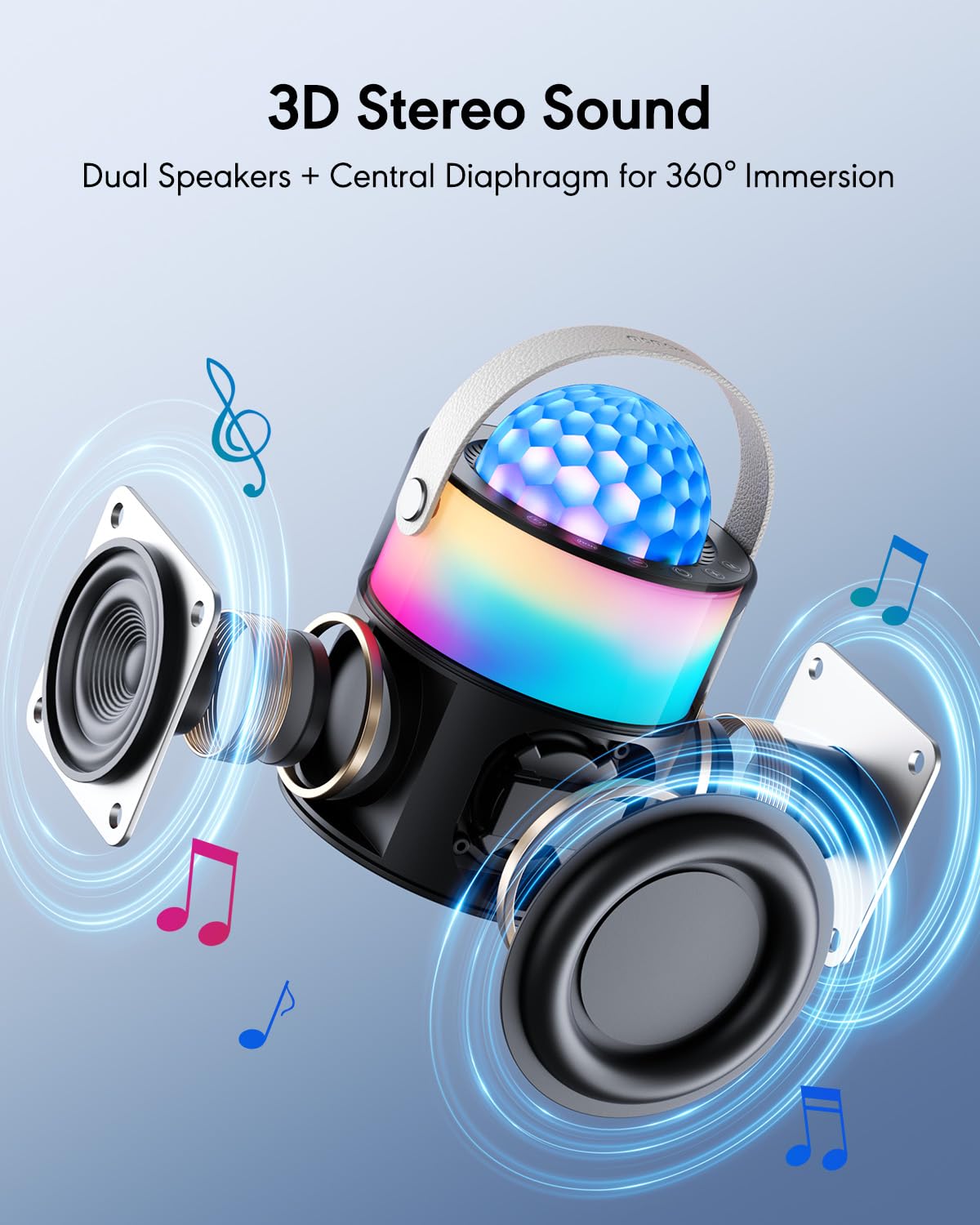 Máquina de karaoke, mini altavoz Bluetooth portátil inalámbrico con 2 micrófonos inalámbricos para adultos y niños, máquina de canto, luces LED de discoteca para viajes, niñas, niños, regalos
