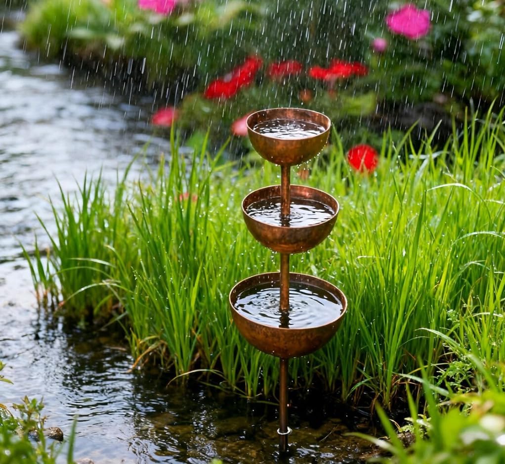 26.7 Inch Rust Patina Metal Rain Catcher Garden Stake with Water Bowl, Decorative Outdoor Yard Accent & Memorial Day Backyard Decor