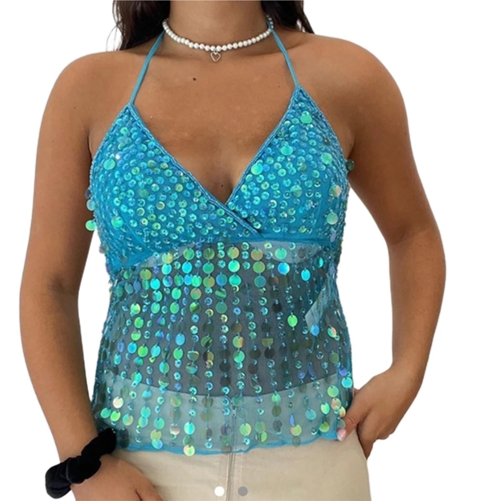 Top con Paillettes Top Corto Estivo da Donna in Tinta Unita con Scollo all'Americana, Senza Maniche, Scollo a V, Schiena Scoperta, vestibilità Attillata, con Paillettes e Lacci.