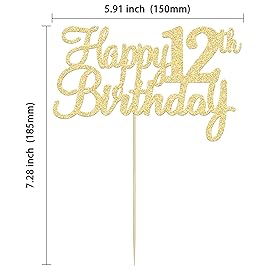 Gyufise 1Pc Happy 12th Birthday Cake Topper Glitter 12th Birthday Cake Pick Cheers to 12 Years Old Twelve Fabulous Cake Decorations for 12th Birthday Theme Party Supplies Gold