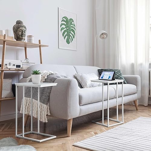 Miniatura 2 de Juego de 2 mesas auxiliares en forma de C para sofá y cama, mesas deslizantes debajo del sofá, mesa auxiliar con parte superior de mármol sintético,