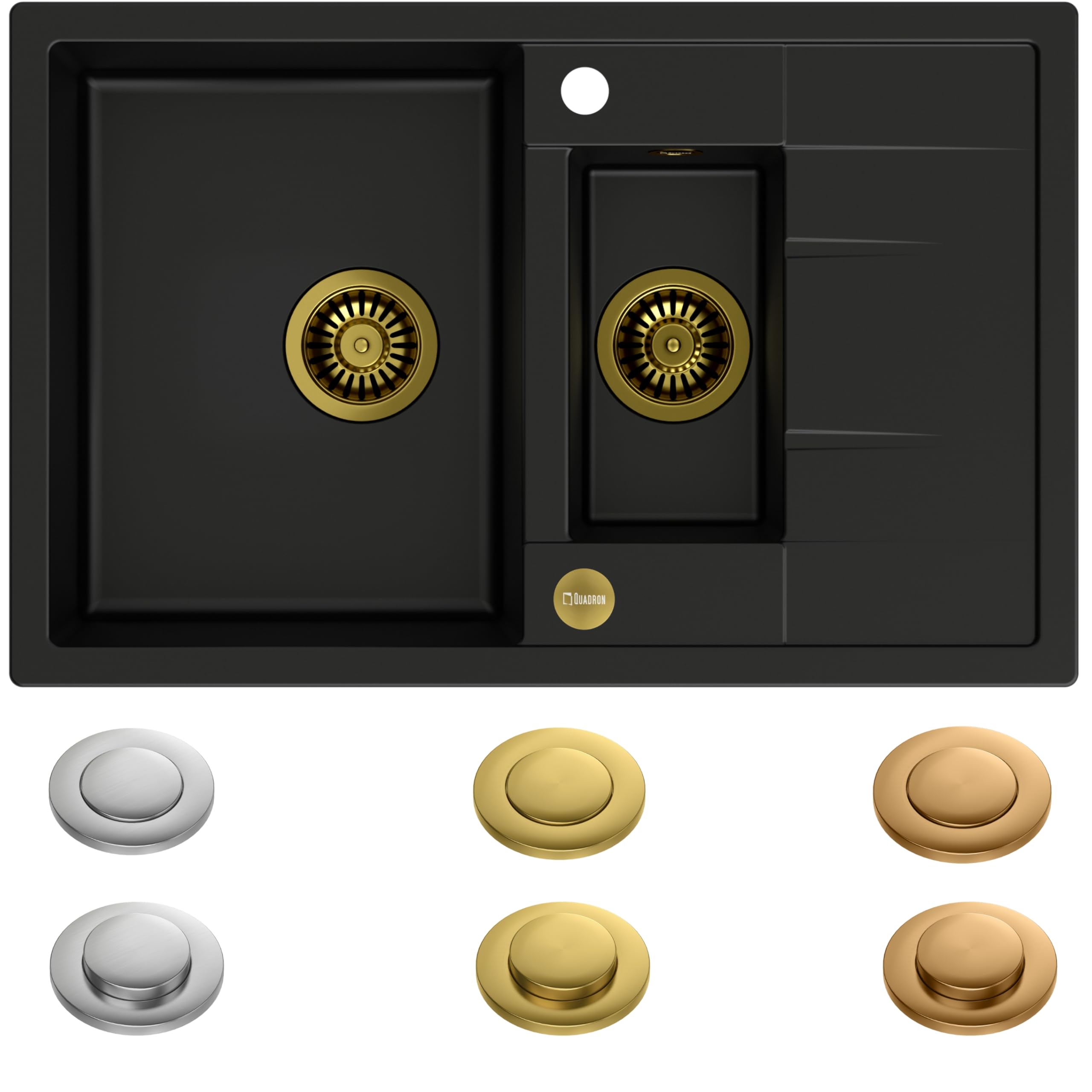 QUADRON fregadero de granito | tamaño 78 x 50 x 22 cm, color: Pure Carbon + Golden | MORGAN 156 fregadero de cocina de dos cubetas con escurridor | con orificio para grifo