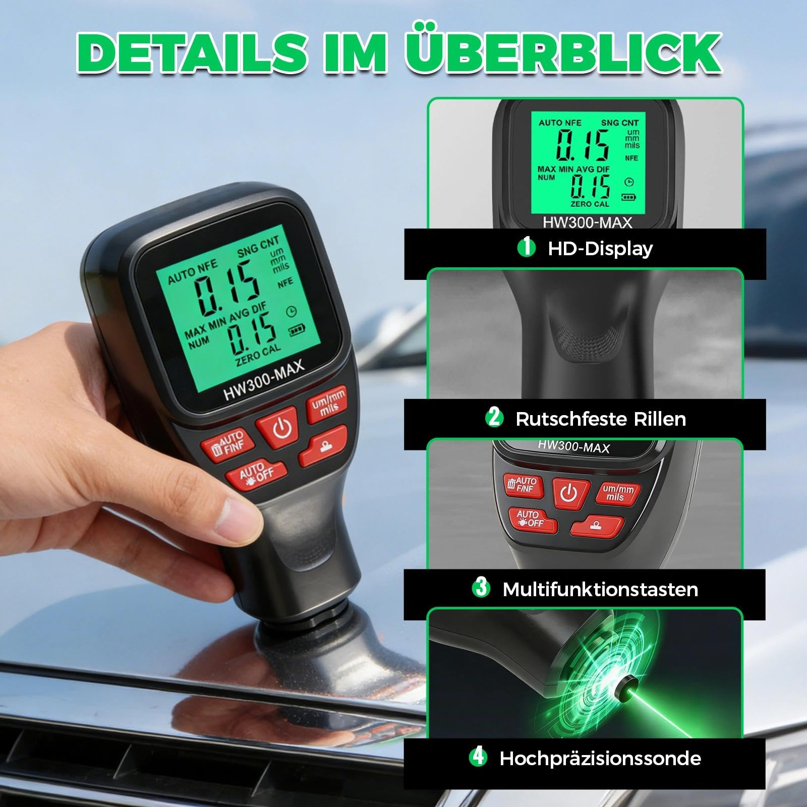 Digitales Schichtdickenmessgerät, 0-2000µm Lackmessgerät Auto Lackdickenmessgerät für Auto, Einheitenumrechnung (µm/mm/mils), ABS Lackschichtdickenmessgerät zum Messen (Black)