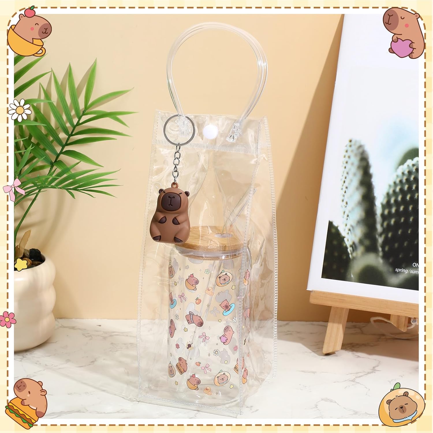 Zhehao 3 Pcs Capybara Gifts with 16 oz Glass Cup with Bamboo Lid and Straw, Keychain, Transparent Gift Bag, Capybara Stuff for Women Girls Ladies Exchange Birthday Party Gifts - Image 4