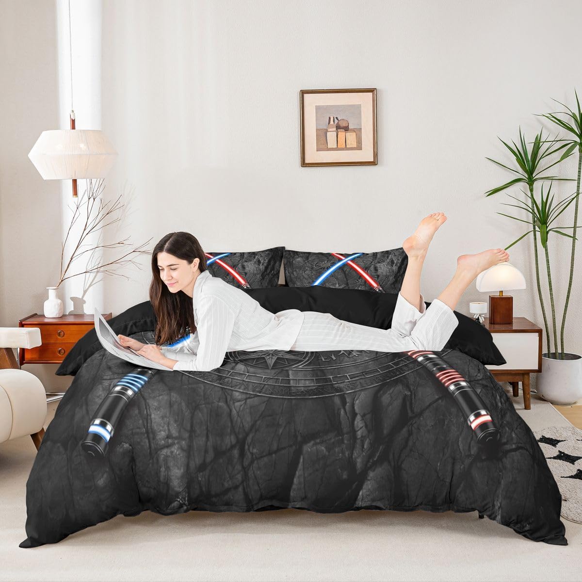 Lightsaber Duvet Cover Set Full Size 3D Neon Blue Red Bedding Set 3Pcs Geometric Sun Moon Round Comforter Cover for Kids Boys Girls Teens Room Decor Fashion Vintage Stone Wall Quilt Cover,Black