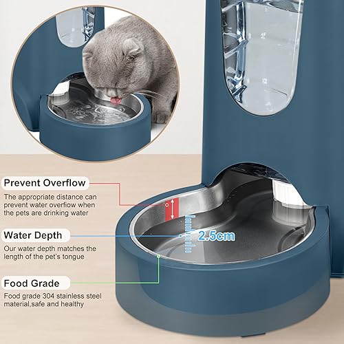 Miniatura 4 de Paquete de 2 alimentadores automáticos para gatos y perros, dispensador de agua de acero inoxidable por gravedad y juego de bebedero para mascotas