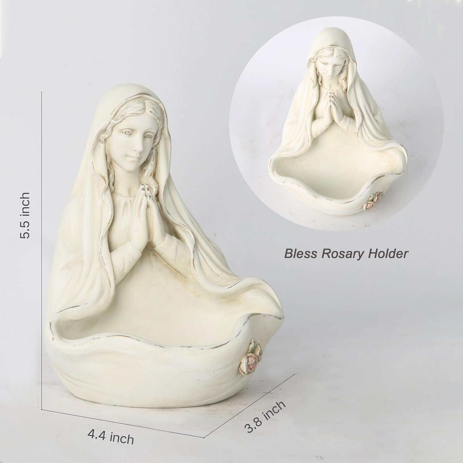BC Catholic Blessed Virgin Mary Statue, Holy Mother Figure, Tabletop Rosary Jewelry Holder, Brithday Gift to Mom, Catholic Home Decor 5.5” H, Classical Renaissance Sculpture, Handmade by Buildclassic