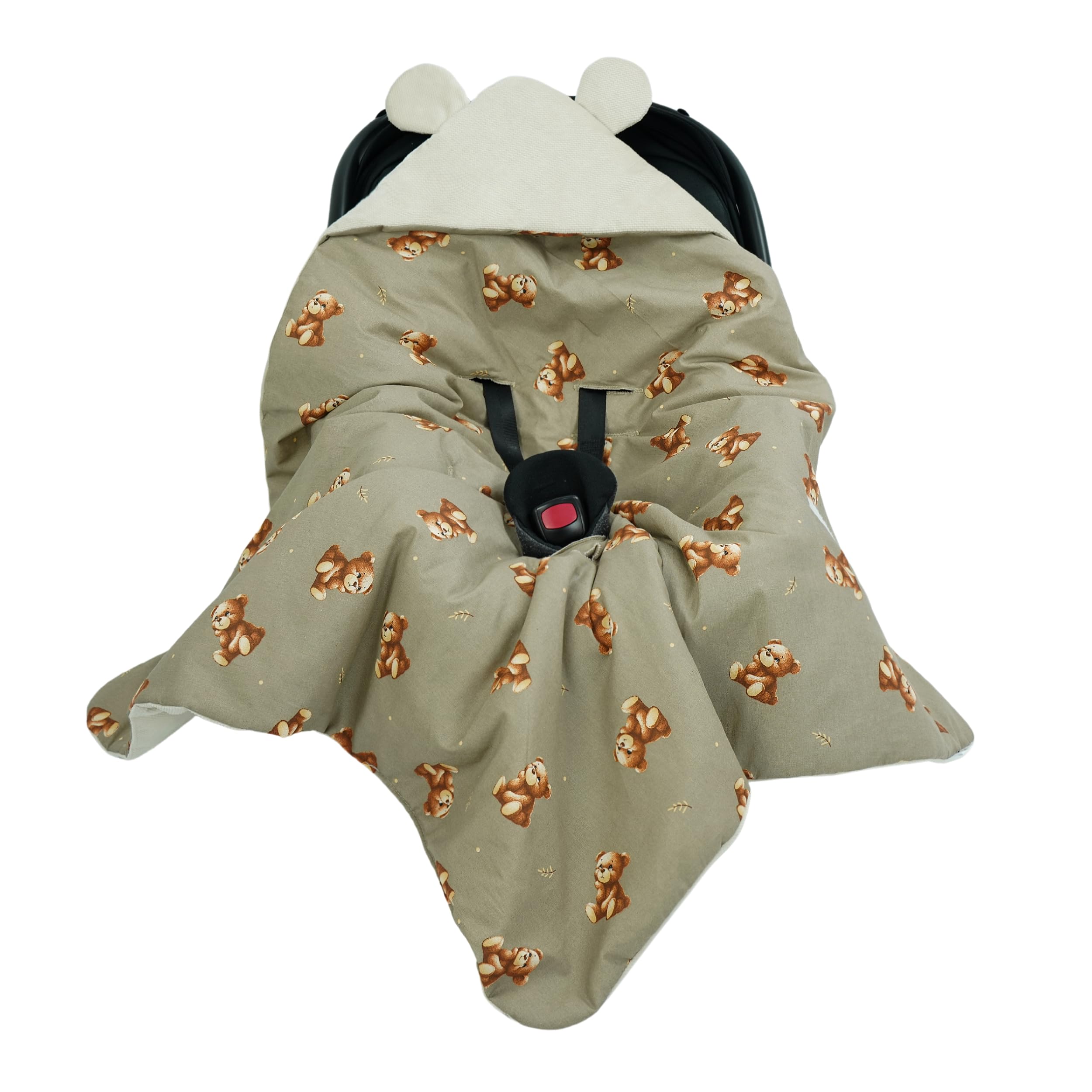 Flumi Coperta per Seggiolino Auto e Ovetto – Copertina Avvolgente Neonato con Cappuccio e Fori per Cinture, Morbida e Lavabile, Personalizzabile con Nome (orsacchiotto beige)