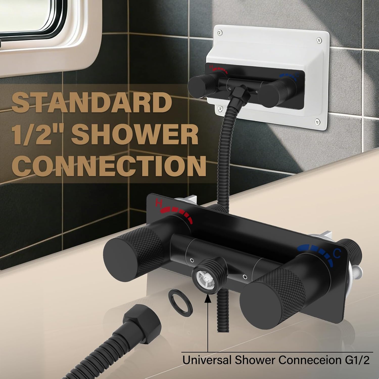 4" All Metal RV Shower Faucet Replacement, Leak-Proof Design with Easy Control Knob, Camper Shower Faucet Heavy-Duty RV Shower Diverter Valve for Indoor and Outdoor Use - Black