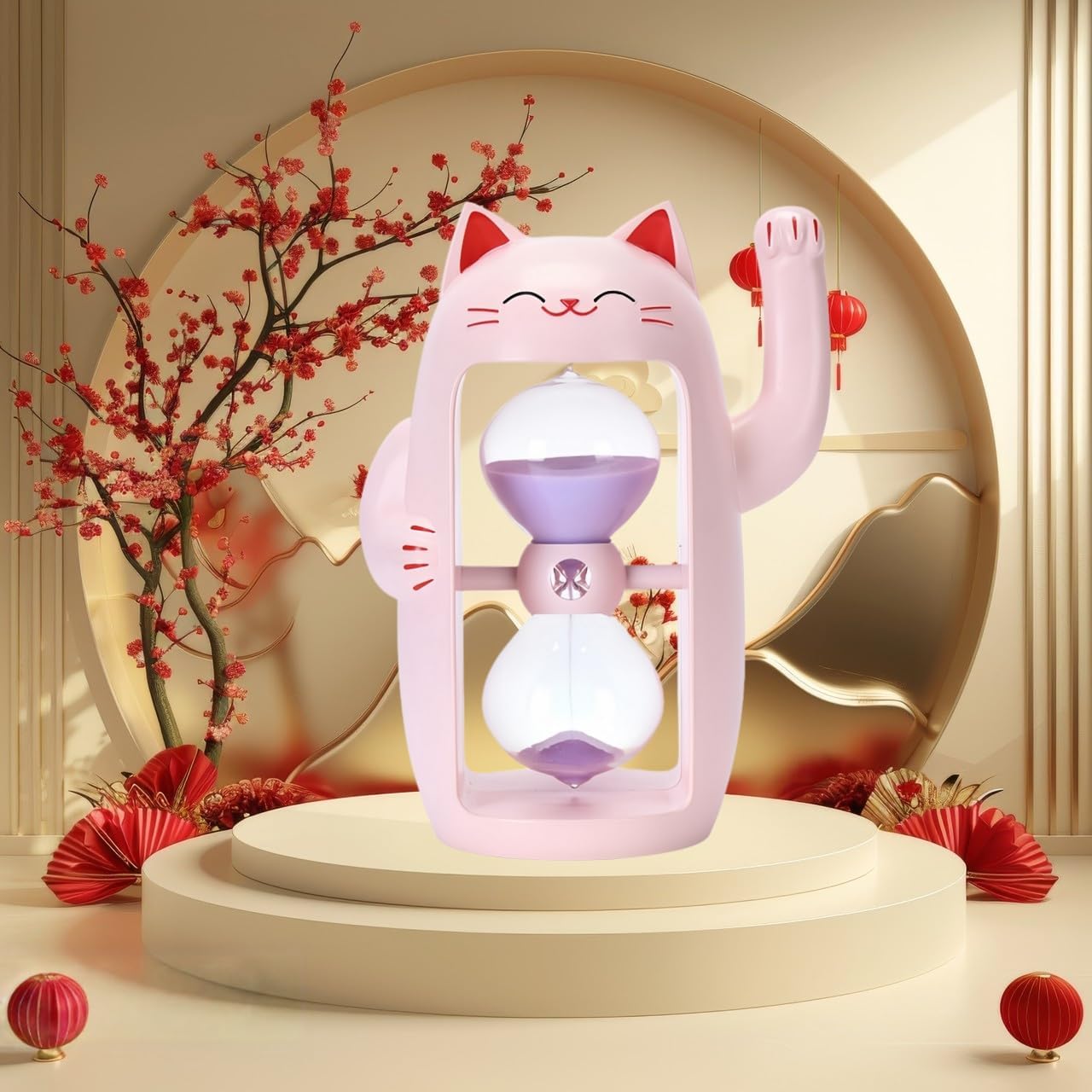 Lucky Cat Sand Timer Cute Hourglass Maneki-Neko Sandglass Timer reloj de Arena 60MinSand Clock for Toothbrush Games Classroom Home Office Cooking Front Desk（Pink+60Min）