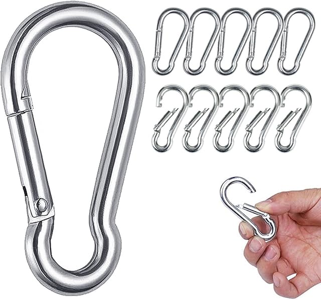 Carabiner Hook Heavy Duty /M6 10 Pieces 304 Stainless Steel Snap Hook Gauge Spring Clip,Holds Up Max to 264 lb/120kg for outdoor activity,camping, fishing, keychain, Hammock,Dog Leash,Hiking, Gym