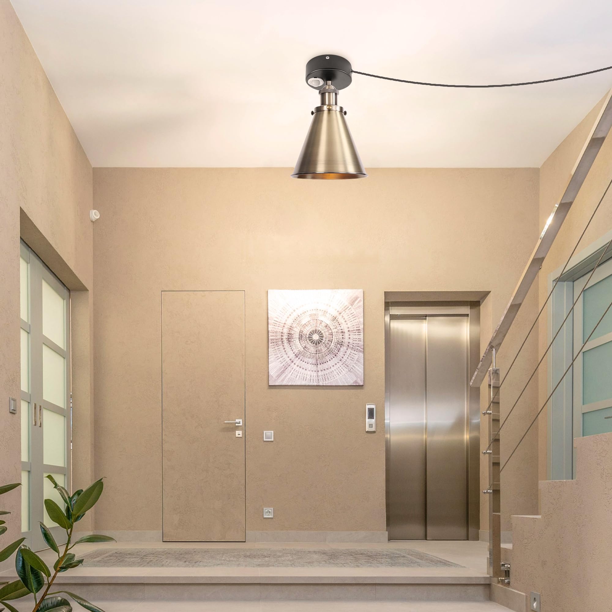 Plafoniera con sensore di movimento interno, lampada da soffitto in ferro industriale, sensore di movimento radar con cavo da 4,5 m e portalampada E27, per corridoio, bagno, scale, garage,