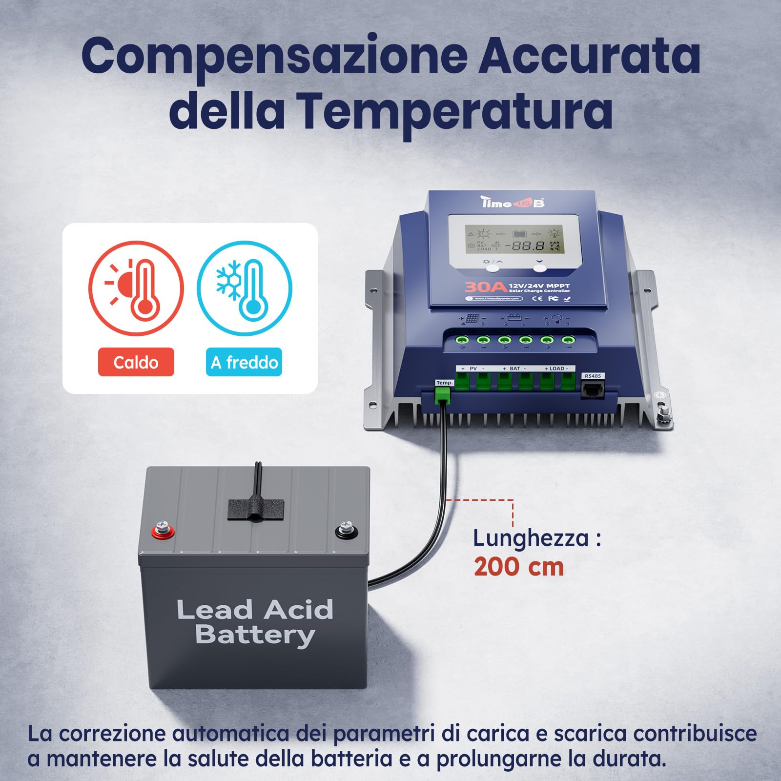 Timeusb 12/24V 30A MPPT Regolatore di Carica Solare,Riconoscimento Automatico,Tasso di Inseguimento Effettivo del 99%, Regolatore di Carica con Schermo LCD per Batterie al Litio e al Piombo-Acido
