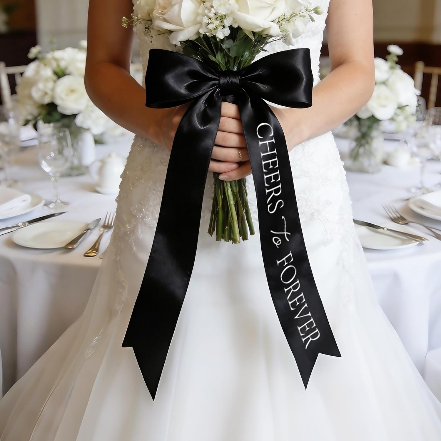 2PCS Black Cheers to Forever Ribbon Bows Conquette Themed Wedding Party Glass Ribbon Bridal Shower Party Decoration Supplies