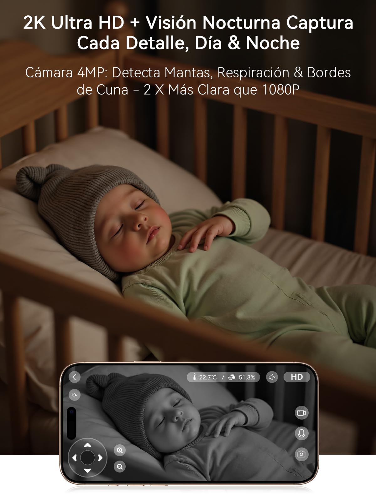 Outinput 2K 4MP Camara Vigilancia Bebe WiFi Interior, 355° Vigilabebes con Camara, App Remoto, Seguimiento Detección Automático, Audio de 2 Vías, Visión Nocturna, Alertas de Feed, 6 Canciones de Cuna