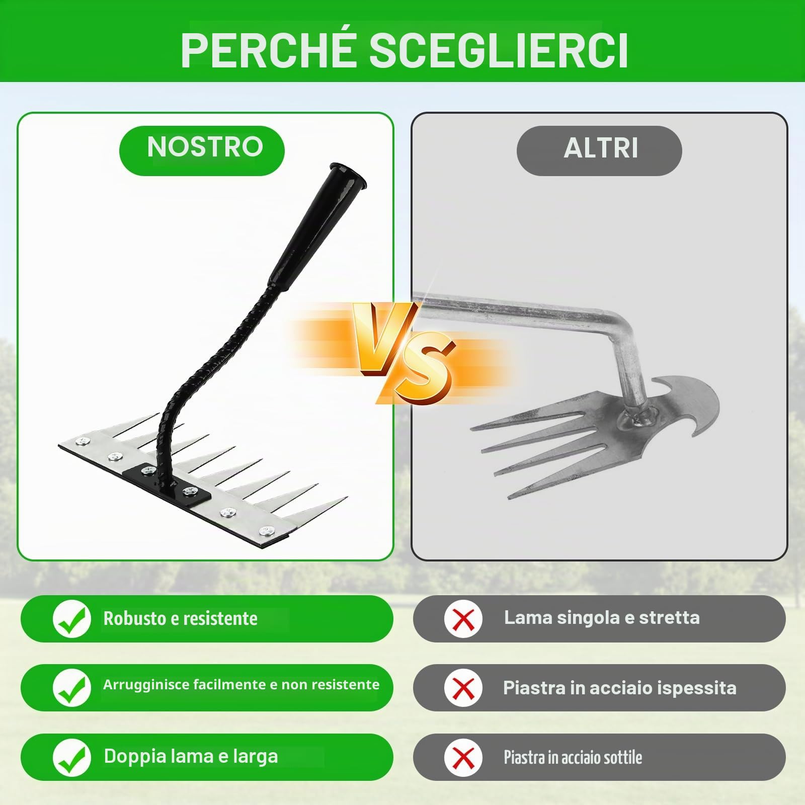 Les-Theresa Rastrello da giardino a 8 denti, in acciaio al carbonio, con manico lungo, strumento per rimuovere le erbacce, per diserbare, giardinaggio e allentamento del prato in cortile