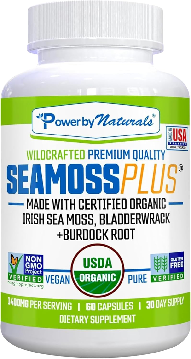 Power By Naturals Sea Moss Plus – USDA Organic Irish Sea Moss Capsules with Bladderwrack & Burdock Root – Immune Support for Adults – Vegan, Non-GMO, Gluten-Free – 60 Capsules (1-Month Supply)