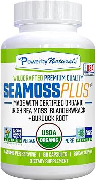 Power By Naturals Sea Moss Plus USDA Organic Irish Sea Moss Capsules with Bladderwrack & Burdock Root Immune Support for Adults Vegan, Non-GMO, Gluten-Free 60 Capsules 1-Month Supply