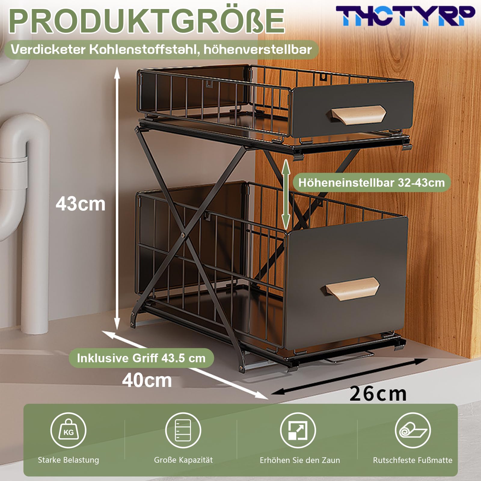 Gewürzregal, 2 Etagen Standregal Küche Arbeitsplatte Regal Organizer 40x26x39cm Ausziehbarer Organizer ohne Montage Stauraum für Gewürze & Flaschen（Schwarz）