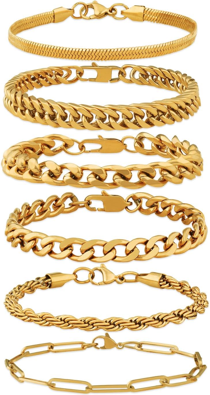 DUQGUHO 6Pcs Stainless Steel Bracelets for Men Cuban Link Rope Paperclip Chain Bracelets Set 7.5/8.3/9 inches Mens Silver Bracelet Jewelry