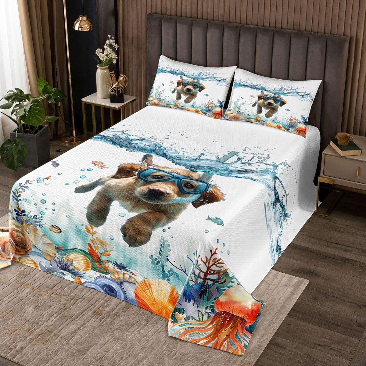 Homewish Swimming Dog Quilt Sets Twin Size,Ocean Diving Dog Bedspread Coverlet 2Pcs for Kids Girls Boys Room Decor,Sea Coral Shell Jellyfish Quilts Set Pet Animal Bedding Comforter,1 Pillowcase