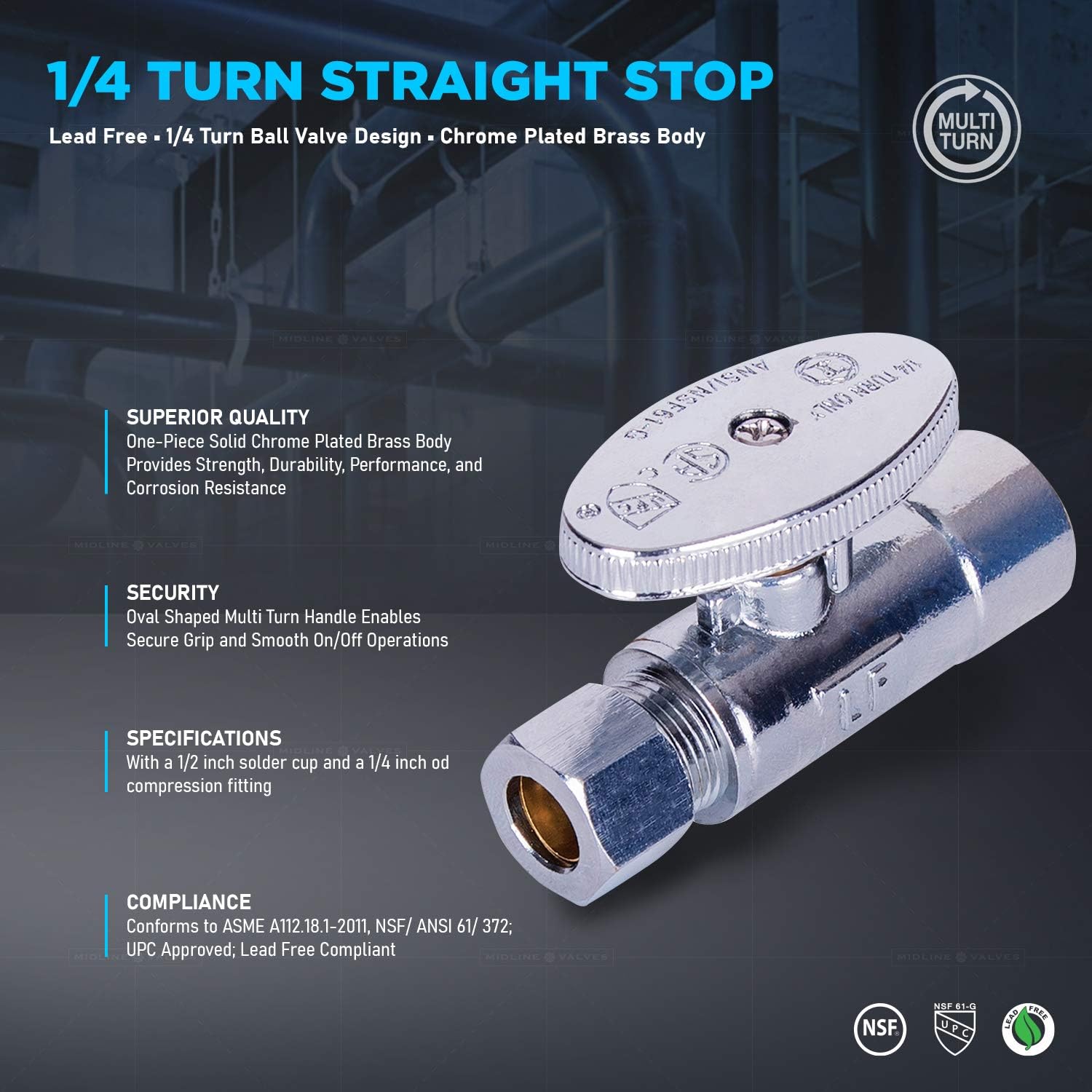 Midline Valve 82212QS-OM-5 Water Supply Stop Valve with Quarter Turn Wheel; Straight Shut-off for Toilet, Sink, Dishwasher; 1/2'' SWT x 3/8'' Compression; Chrome Plated Brass (5 PK)