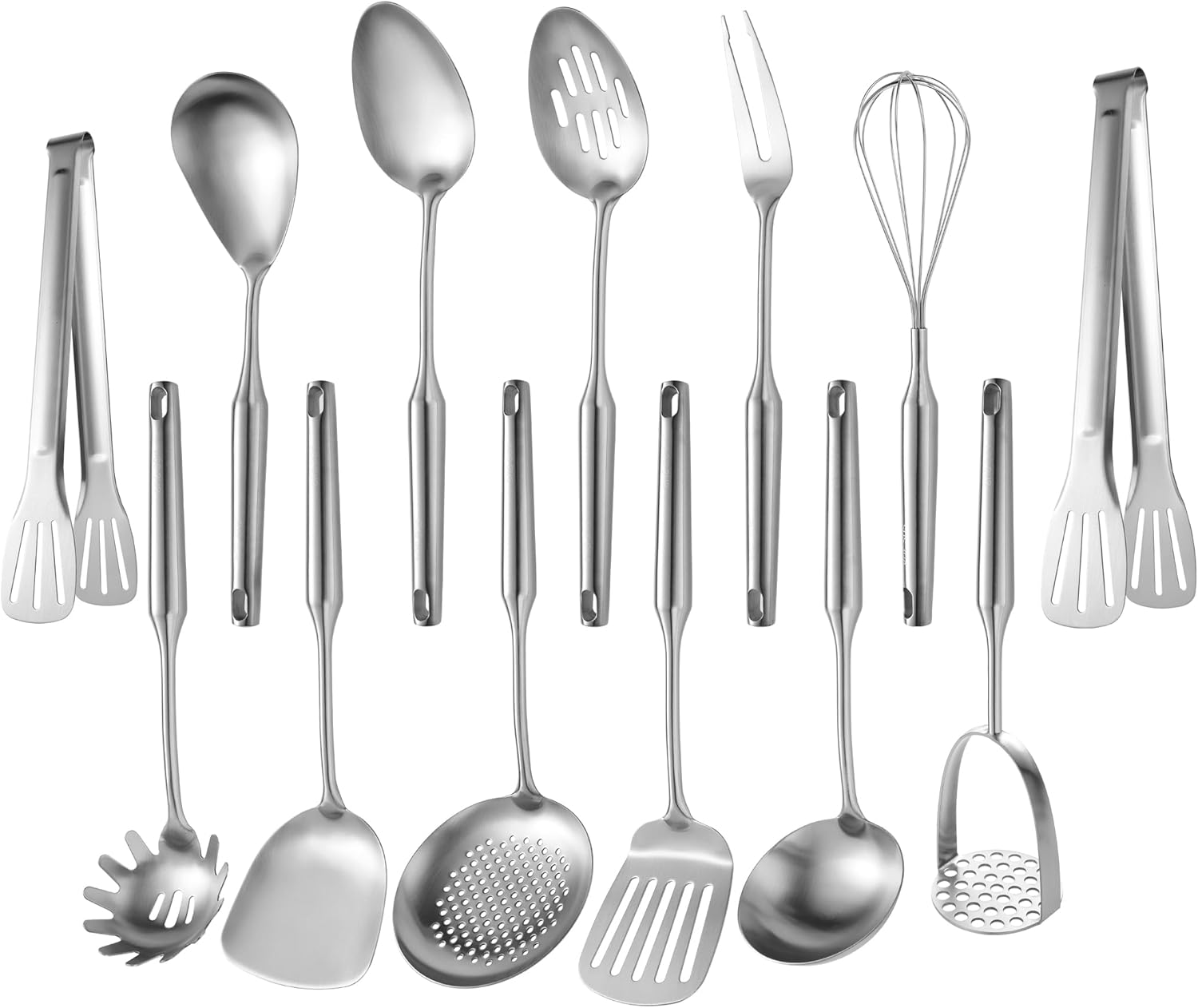 Stainless Steel Kitchen Utensils 13 PCS Metal Set, Solid and Slotted Spoon, Fork, Spatula, Ladle, Skimmer, Slotted Spatula Tunner, Spaghetti Large Spoon, Meat Fork, Masher, Whisk, Tongs
