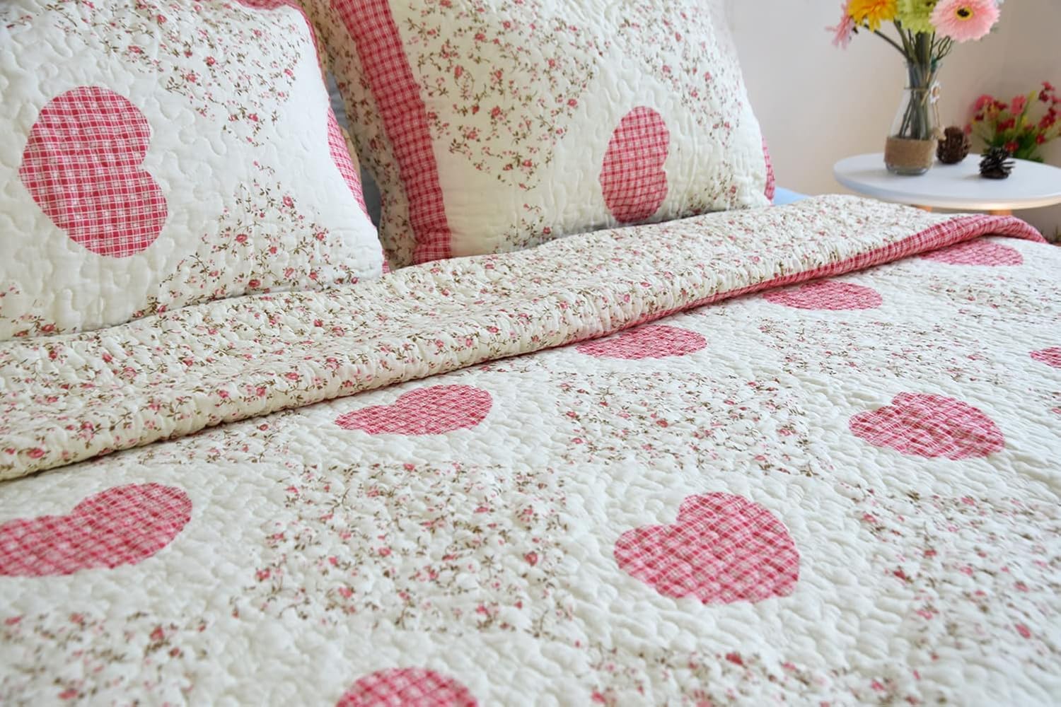 vctops Plaid Love Heart Cotton Quilt Set with Pillow Shams 3 Piece Full/Queen Size Floral Patchwork Lightweight Quilted Bedspread Coverlet Bed Cover (Print I,89"x96")