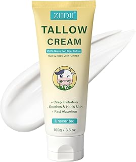 Beef Tallow for Skin, Whipped Grass Fed Beef Tallow Moisturizer, Organic Tallow Face Moisturizer Body Balm Cream, Natural Unscented Deep Nourishment for Dry Skin, 3.5oz