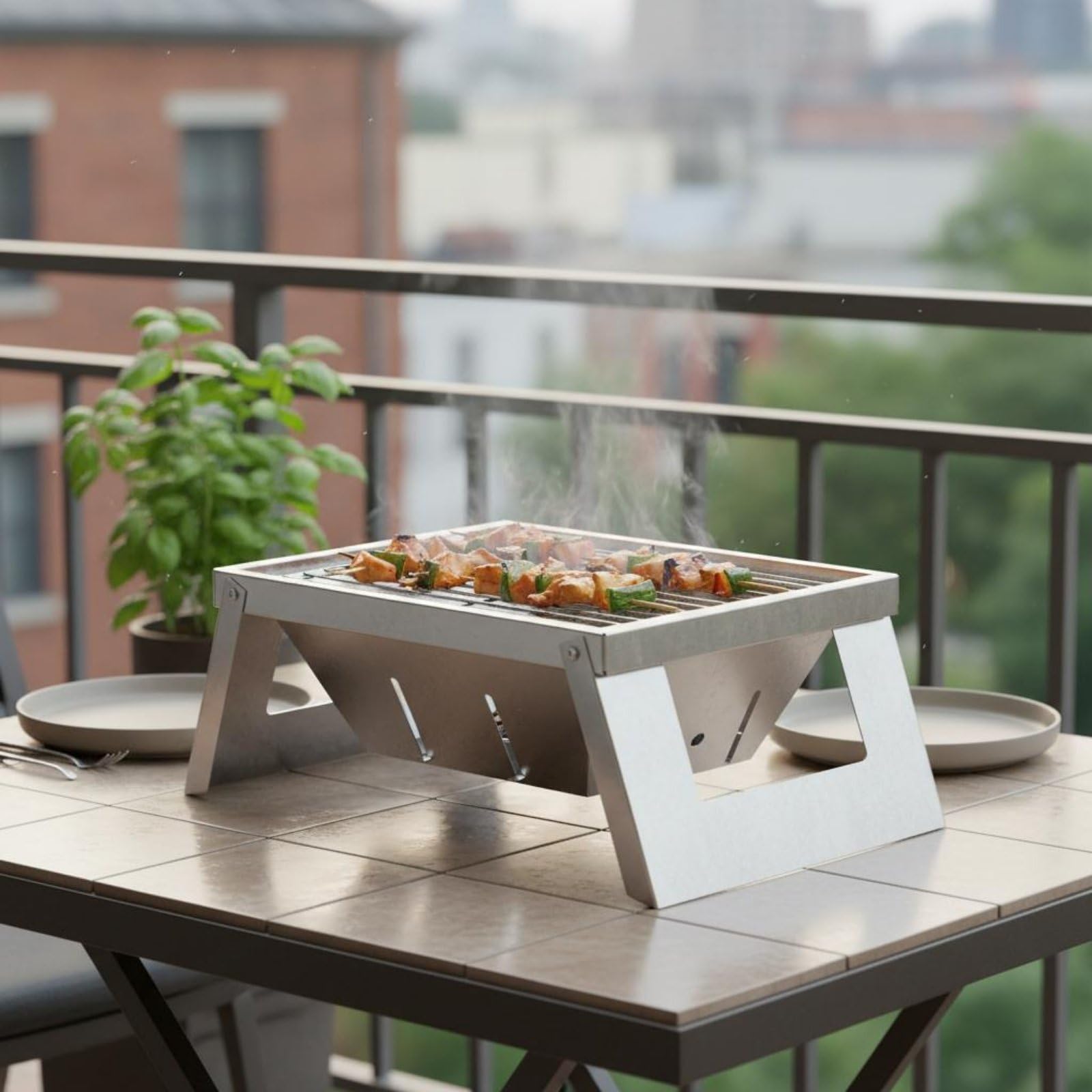 Grill Barbecue Pieghevole Portatile Griglia Fornello Braciere Struttura Unificata Assemblaggio Rapido Piano di Cottura Grande Acciaio Inox Alimentare, L, Standard