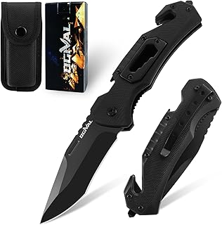 Ogival Folding Knife (Two-Handed Knife), 20 cm Pocket Knife with Aluminium Handle and Pocket Clip, 5-in-1 Edc Knife with N...