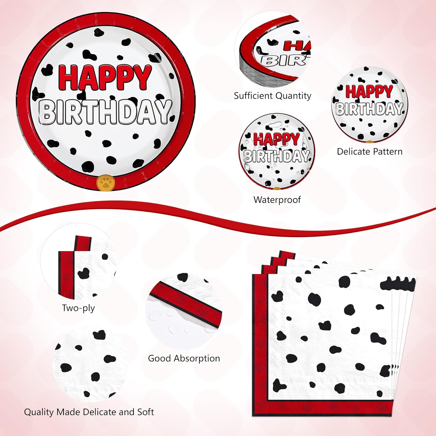 96 Pcs Spotted Dog Party Supplies Happy Birthday Plates and Napkins Dog Paw-Themed Tableware Set for Boys Girls Adults Birthday Baby Shower Pet Party Supplies, Serves 24
