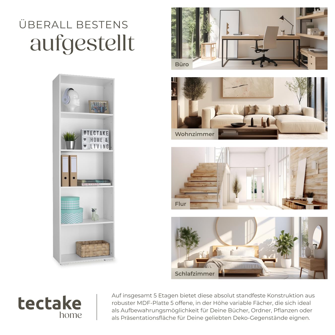 tectake® Bücherregal, Regal Holz, Standregal mit 5 offenen Fächern für Bücher, CD Regal, als Wohnwand Wohnzimmer, Home Office oder Büro, als Küchenregal oder Kinderregal - weiß
