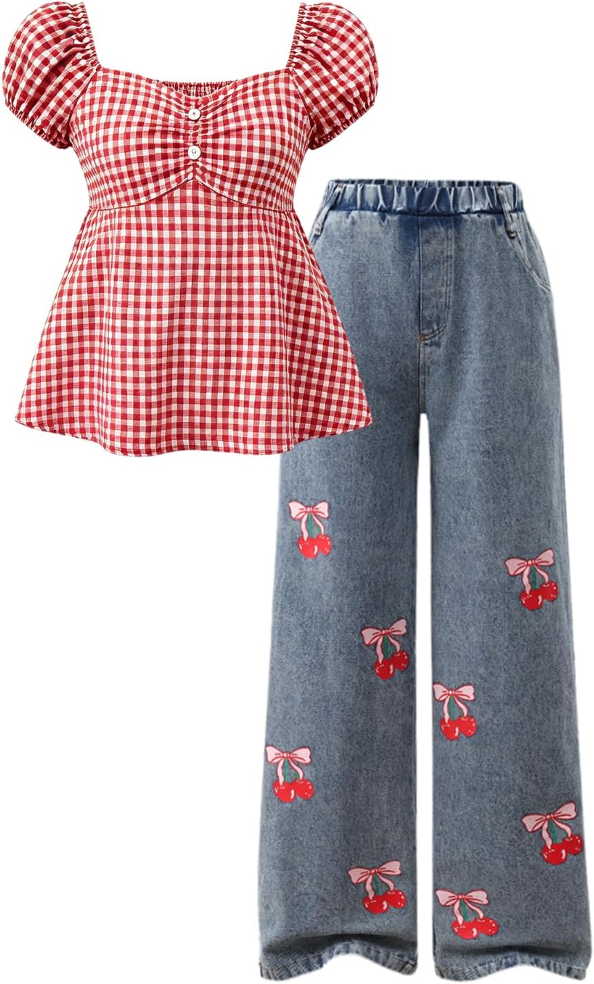 Tween Girl Clothes 2 Pieces Outfit Set Blouses Top + Jeans Denim Pant Summer Fall, Size 8-15 Years