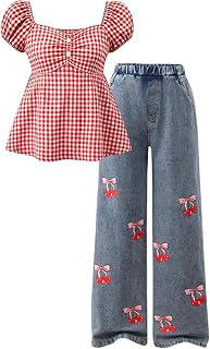 Tween Girl Clothes 2 Pieces Outfit Set Blouses Top + Jeans Denim Summer Fall Outfit Set, Size 8-16 Years