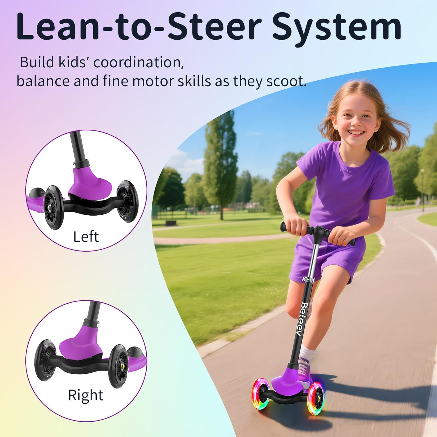 BELEEV A6 Kids Scooter with LED Light-Up Wheels & Deck, 3 Wheel Kick Scooter for Toddlers Girls Boys Ages 3-8, 4 Adjustable Handlebar, Lean to Steer, Non-Slip Deck, Lightweigh Scooter for Children