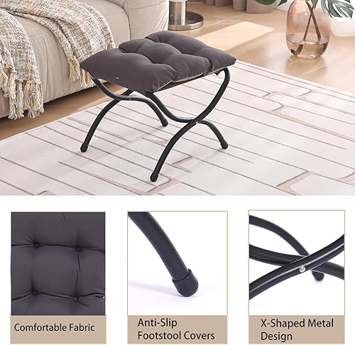 Miniatura 3 de Welnow Taburete plegable, otomana tapizada con acento pequeño con cojín de algodón grueso desmontable acolchado y marco de metal para silla