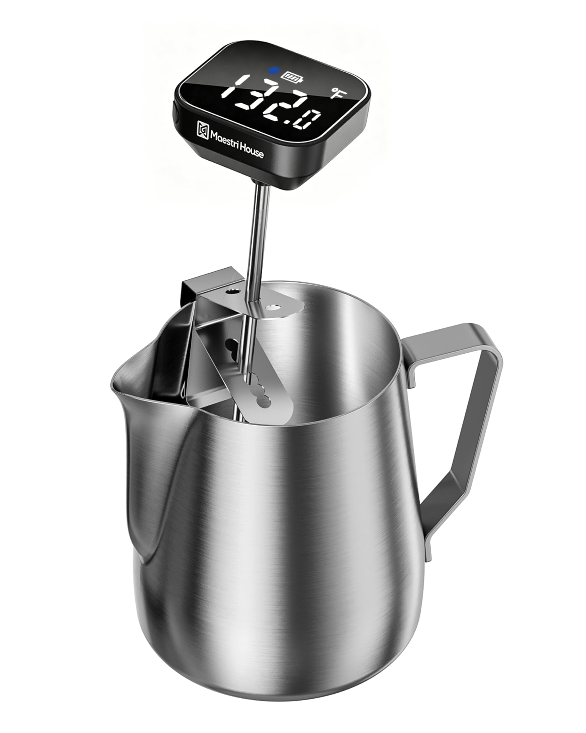 Maestri House Thermomètre de cuisson haute précision 0,1 °C/°F rechargeable avec mousseur à lait de 350 ml, grand écran LCD et clip amovible pour mousse de lait, café et confiture (noir)