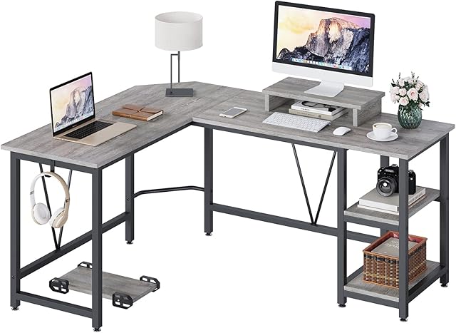 TREETALK Computer desk, L-shaped Corner Desk with 2-Layer Storage,Large PC Laptop Table with Monitor Stand and CPU Stand,Gaming Desk Writing Table for Office Home (Grey)