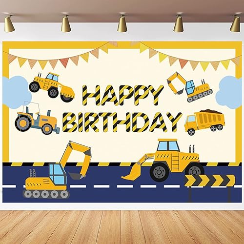 Decoración de feliz cumpleaños con temática de construcción, excavadora, camión, camión volquete, grúa, telón de fondo de fotografía para niños,