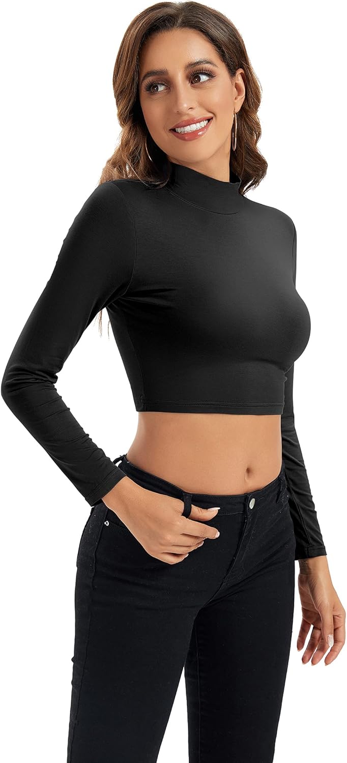 Womens Long Sleeve Crop Tops Lightweight Mock Neck Base Layer Shirts