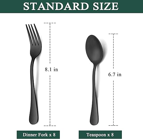 Miniatura 2 de LIANYU Juego de cubiertos negros mate de 16 piezas, 8 tenedores y 8 cucharaditas, cubiertos negros de acero inoxidable para el hogar, cocina, hotel,