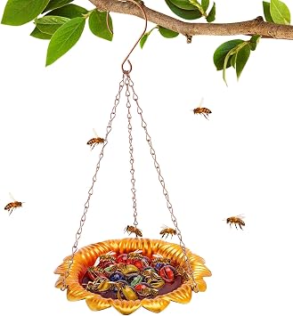 Bee Feeder with Vivid Sunflower Design - Anti-Rust Iron Bee Watering Station for Feeding, Colorful Butterfly Bath Bowl Cup with 15 Glass Marbles for Outdoor Yard Garden Decor Gifts Gold