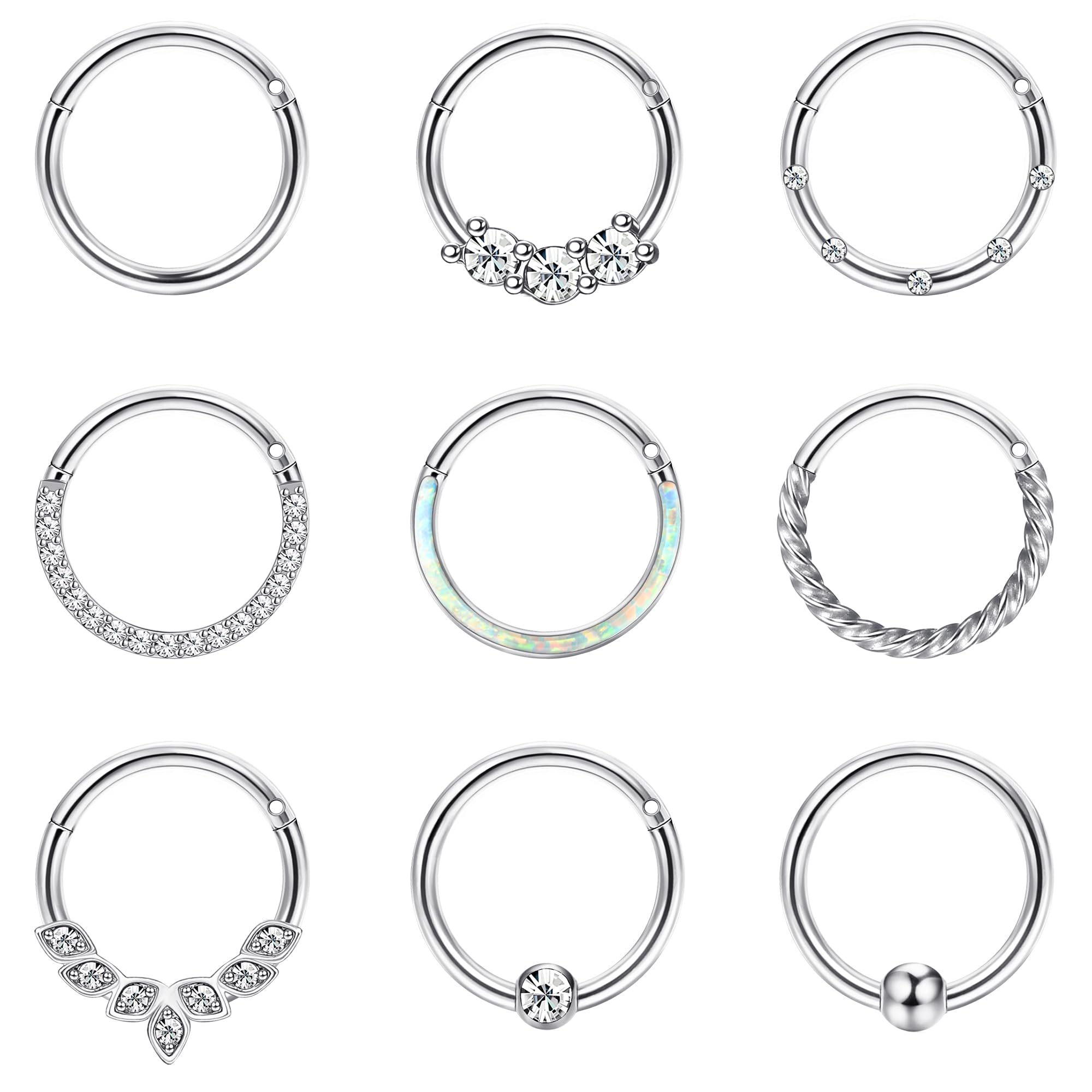 JeweBella 9PCS 16G Piercing Nariz Acero Quirurgico Septum Piercing Oreja Cartílago Pendientes de Aro Mujeres CZ Opalo Piercing Nariz Aro Plata Labio Concha Daith Helix Tragus Piercing Joyería 8/10MM